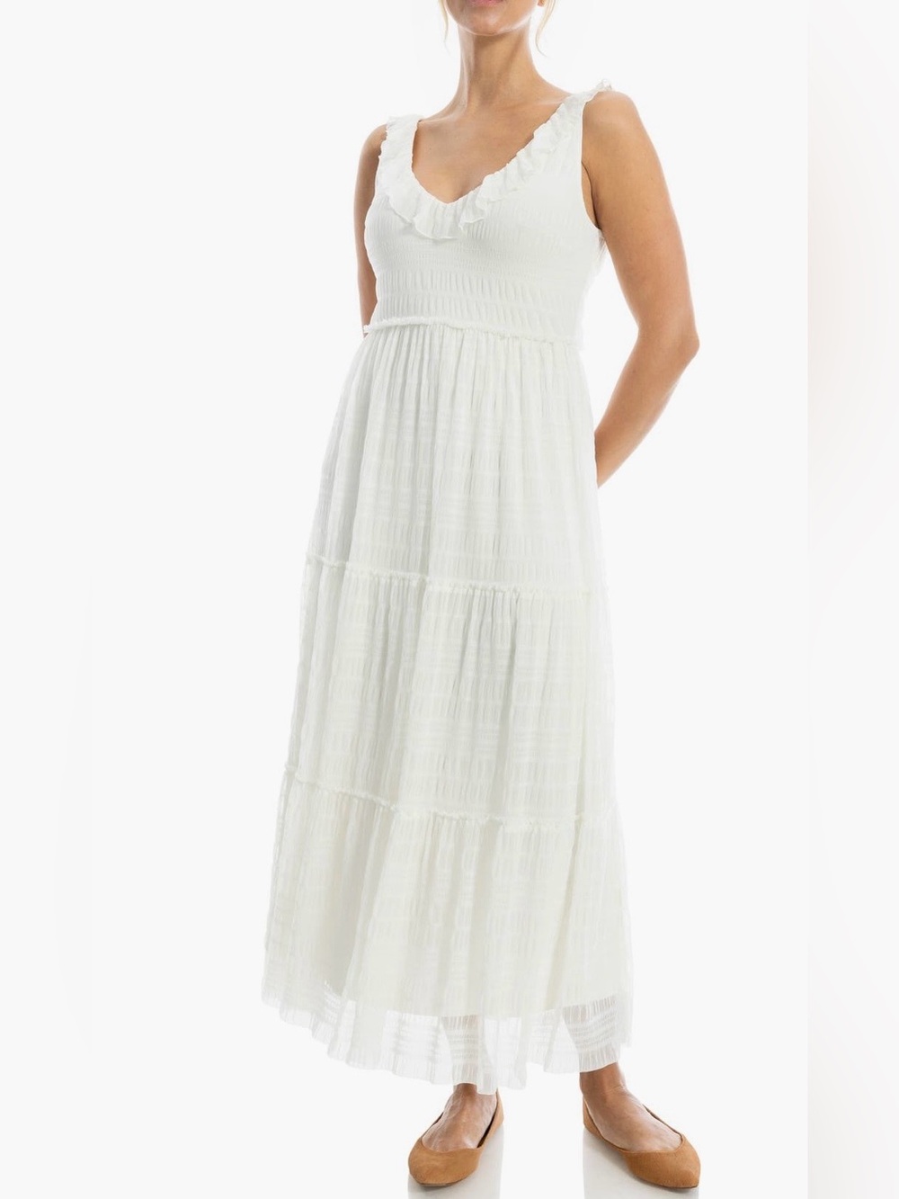 Max Studio White Ruffled V-Neck Tiered Maxi Dress